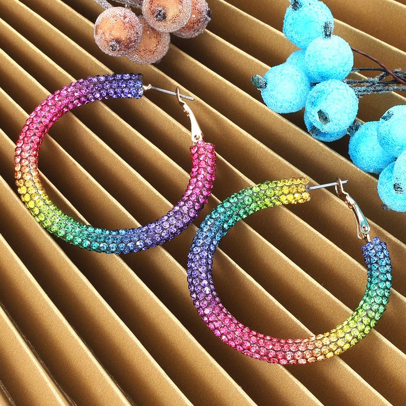 Boderier Hoop Earrings for Women Bohemian Rainbow Sparkle Pave Resin Rhinestone Wrapped Hoop Earrings Fashion Jewelry (Rainbow) - Image 4